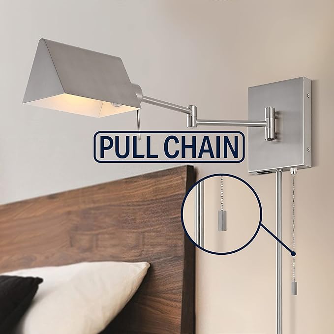 JONATHAN Y 22" Nickel Swing Arm Wall Sconce, Plug-in or Hardwired with USB Charging Port and Pull Chain, Iron Shade, Industrial LED Reading Lamp (JYL6015C)