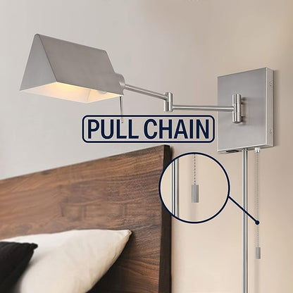 JONATHAN Y 22" Nickel Swing Arm Wall Sconce, Plug-in or Hardwired with USB Charging Port and Pull Chain, Iron Shade, Industrial LED Reading Lamp (JYL6015C)