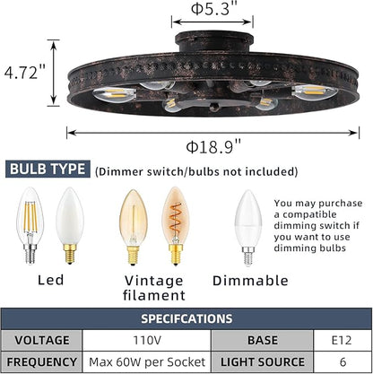 Semi Flush Mount Ceiling Light, Industrial Metal Ceiling Light Fixture, 18.9" Rustic 6-Light Farmhouse Light, Red Rust Chandelier for Kitchen Dinning Room Entryway Living Room