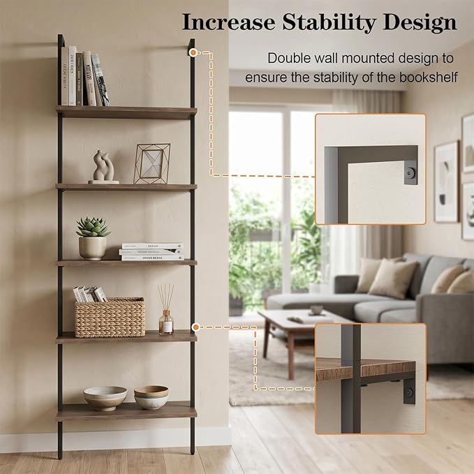 Wolawu 5 Tiers Ladder Shelf Brown Modern Bookshelf Open Tall Wall Mount Bookcase Standing Leaning Wall Shelves Industrial Decorative Living Room Bed Room