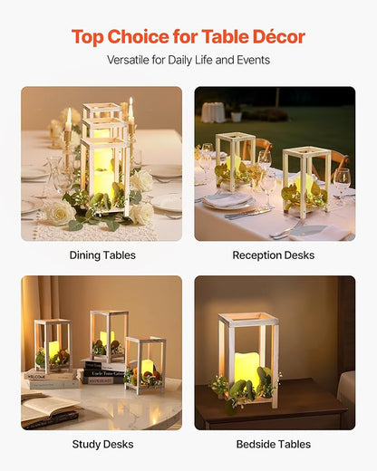 VEVOR 12 Set/36 Pcs Wooden Wedding Lantern Centerpiece, Includes 12 Wooden Lantern Candle Holder 12 Flameless LED Candle 12 Eucalyptus Leaves Wreath for Wedding Table Party Farmhouse Decor, White