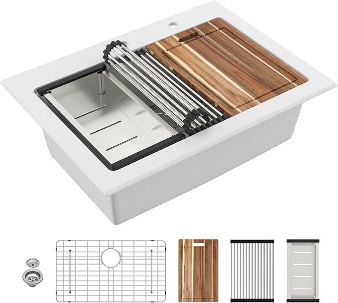 Sarlai Granite Composite Kitchen Sink - 30"x22" Drop In Kitchen Sink 30 Inch Ledge Workstation White Granite Quartz Composite Top-Mount Single Bowl Sinks Basin with Accessories