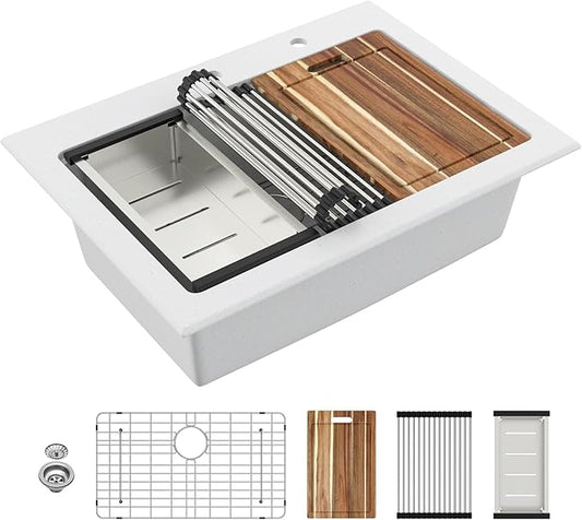 Sarlai Granite Composite Kitchen Sink - 30"x22" Drop In Kitchen Sink 30 Inch Ledge Workstation White Granite Quartz Composite Top-Mount Single Bowl Sinks Basin with Accessories