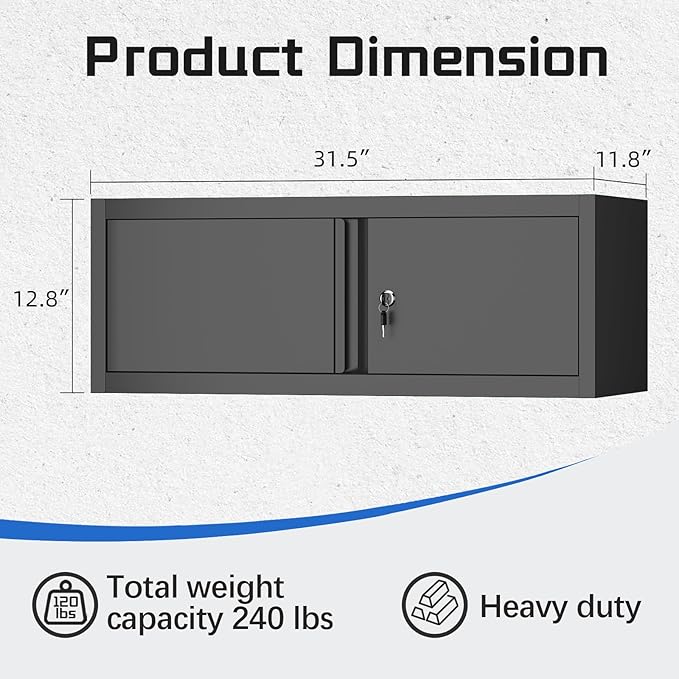 IRONFFICE Metal Garage Wall Cabinets,13" H Garage Storage Cabinet Wall Mounted,Floating Storage Organization with Doors,Locking Hanging Cabinet for RV,Home Office,Warehouse,Black