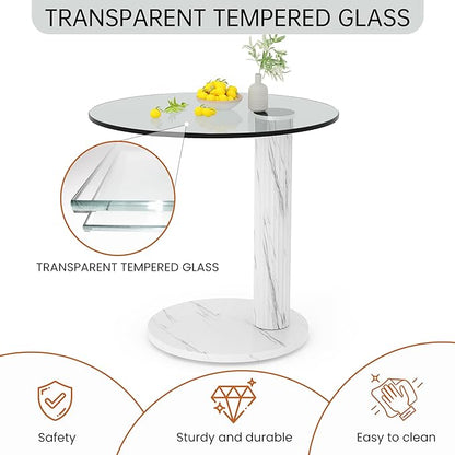 Hooseng Glass Round Coffee Table End Table, 22-Inch Modern Tempered Transparent Glass Top,Perfect for Living Room,Cafe,Home,and Office(White)