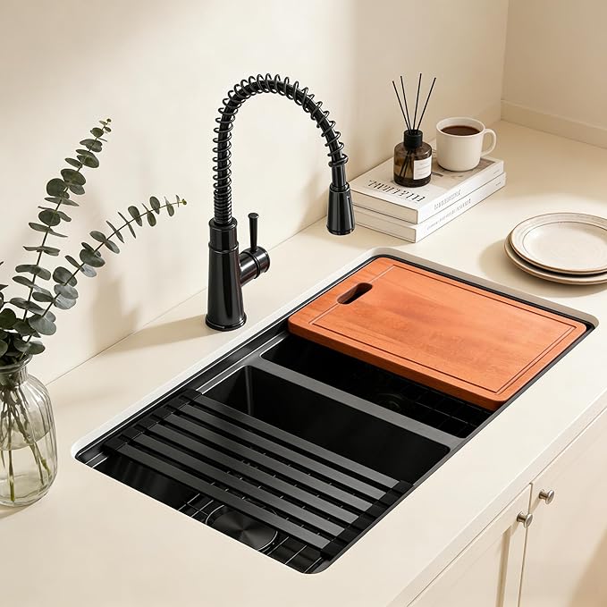 MILOSEN Black Double Bowl Kitchen Sink, 32 x18 inch 16 Gauge T304 Black Stainless Steel Undermount Workstation Sinks, 10'' Deep 50/50 Double Bowl Basin, Handmade Black Sink with Accessories