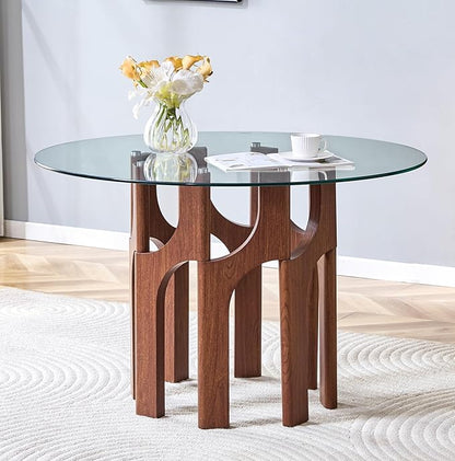 Glass Round Dining Table for 4 6 Person, 46 Inch Glass Kitchen Dining Room Table with Wooden Walnut Pedestal Base,Modern Circle Clear Glass Top Dinner Table for Small Spaces Home/Apartment