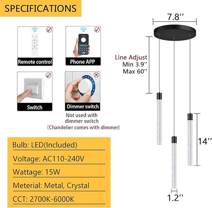 3 Lights Crystal Pendant Lights for Kitchen Island Mini Chandelier Adjustable Hanging Ceiling Light fixtures LED Dimmable Pendant Lighting for Dining Room Hallway