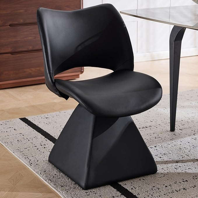 Swivel Dining Chair Upholstered Faux Leather Accent Seat with Curved High Back, Cushioned Foam Padding, Solid Wood and Metal Base, Modern Armless Side Chair for Kitchen Island Vanity Desk (Black)