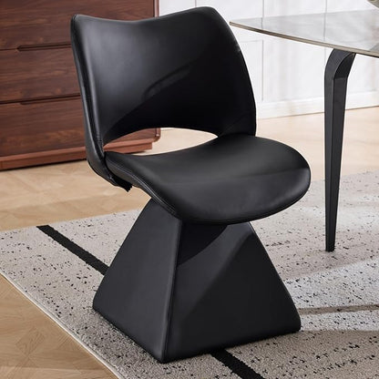 Swivel Dining Chair Upholstered Faux Leather Accent Seat with Curved High Back, Cushioned Foam Padding, Solid Wood and Metal Base, Modern Armless Side Chair for Kitchen Island Vanity Desk (Black)