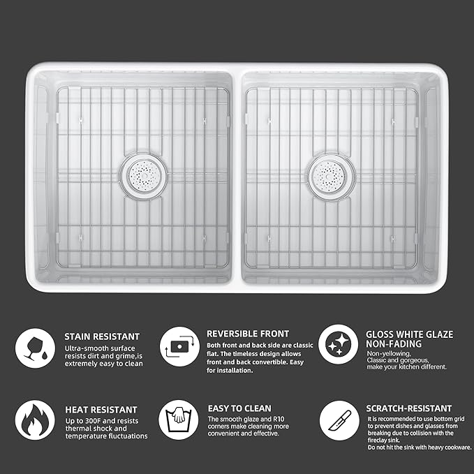 Miuara Farmhouse Sink Double Bowl 33 Inch - White Apron Front Kitchen Sink Reversible 33"x18"x10", Undermount Installation, Farm House﻿ Style Dual Basin 50/50, Heavy Duty Solid Fireclay, for Kitchen