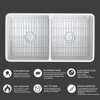 Miuara Farmhouse Sink Double Bowl 33 Inch - White Apron Front Kitchen Sink Reversible 33"x18"x10", Undermount Installation, Farm House﻿ Style Dual Basin 50/50, Heavy Duty Solid Fireclay, for Kitchen