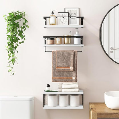 Fixwal Wall Mounted Bathroom Shelves Over Toilet, Rustic Wood Floating Shelves with Metal Frame and Towel Bar for Bathroom, Kitchen, Bedroom, Living Room (White)
