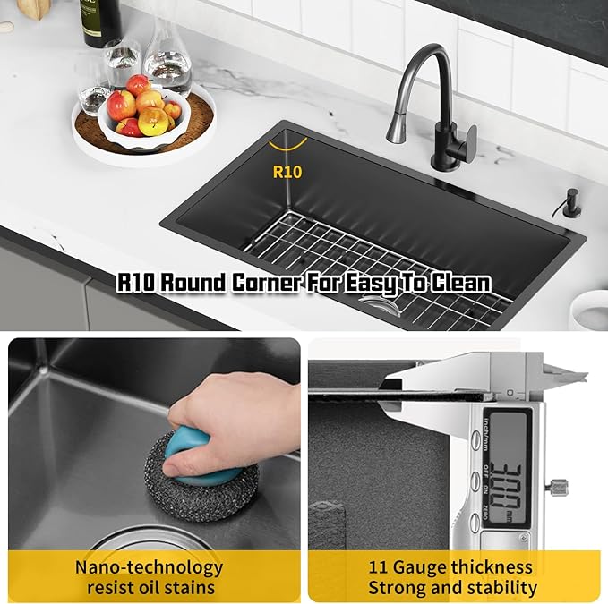 Black 31x18 Inch Undermount Kitchen Sink-Stainless Steel Single Bowl Drop In Kitchen Sink Stylish And Modern Look With Bottom Grid,Silicon Mat And Drain Assembly Add Elegance & Enhance Usability