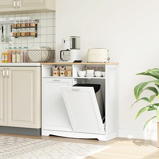 HOOBRO Double Tilt Out Trash Can Cabinet, 20 Gallon Kitchen Trash Bin Cabinet, Hidden Trash Storage with Open Compartments, Hidden Laundry Hamper, for Kitchen, Laundry, White and Natural WN04LJ01