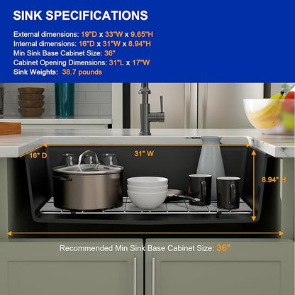 Dcolora Matte Black Quartz Kitchen Sink 33” Undermount Single Bowl, Workstation Design with Accessories, Durable Heat & Scratch Resistant Granite Sink #DC-GU7743