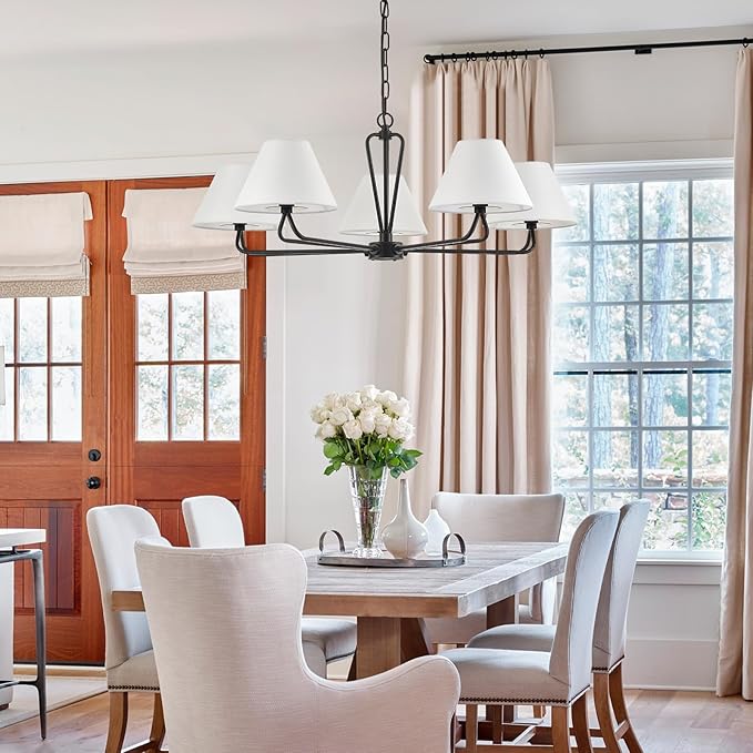 VILUXY Black Farmhouse Chandelier 5-Light Modern Chandelier with White Fabric Shade 35’’ Large Dining Room Light Fixture Adjustable Pendant Lighting for Kitchen Island Living Room, UL Listed