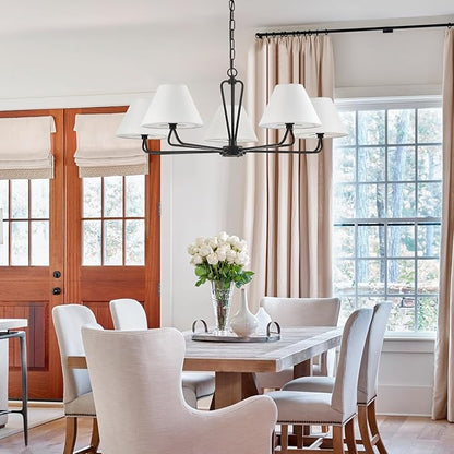 VILUXY Black Farmhouse Chandelier 5-Light Modern Chandelier with White Fabric Shade 35’’ Large Dining Room Light Fixture Adjustable Pendant Lighting for Kitchen Island Living Room, UL Listed
