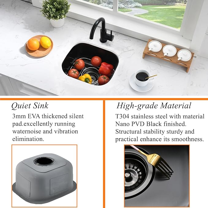 15 Inch Undermount Black Bar Sink-Bokaiya 15x12 Small Wet Bar Prep Sink Black Stainless Steel Undermount Sink 16 Gauge Single Bowl Small Corner Sink with Dish Grid