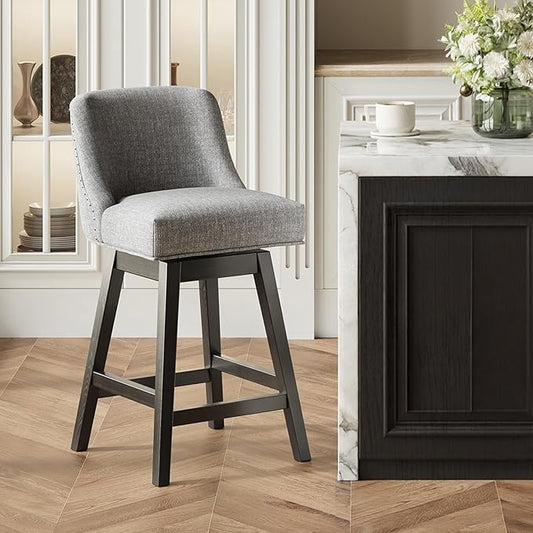 MALOL Swivel Bar Stools, 27" Counter Height Kitchen Stools with Padded Seats and Solid Wood Legs, Upholstered Barstools for Kitchen Island, Breakfast Nook (Dark Gery)