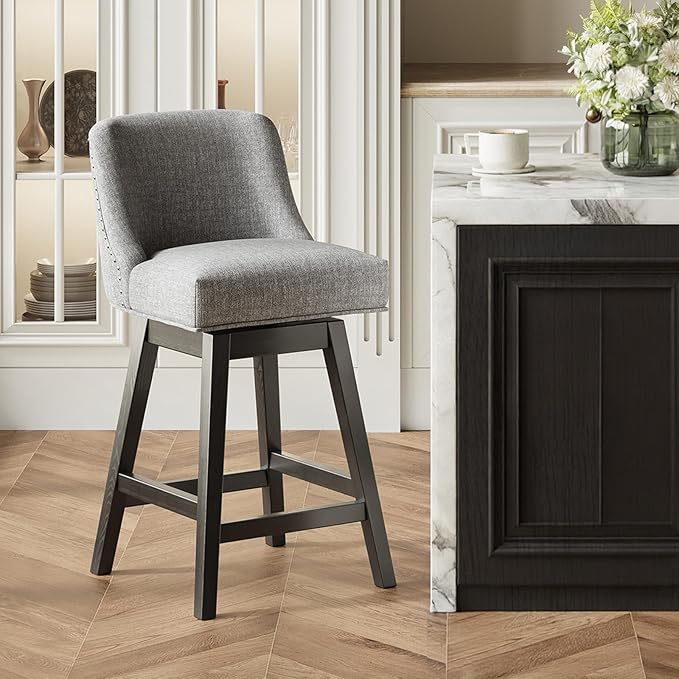 MALOL Swivel Bar Stools Set of 2, 27" Counter Height Kitchen Stools with Padded Seats and Solid Wood Legs, Upholstered Barstools for Kitchen Island, Breakfast Nook (Dark Gery)