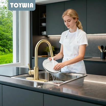 Gold Kitchen Faucets with Pull Down Sprayer, Single Handle High Arc Modern Stainless Steel Sink Faucet with Deck Plate, 1 or 3 Hole Deck Mount for RV, Bar, Farmhouse, Laundry, Outdoor