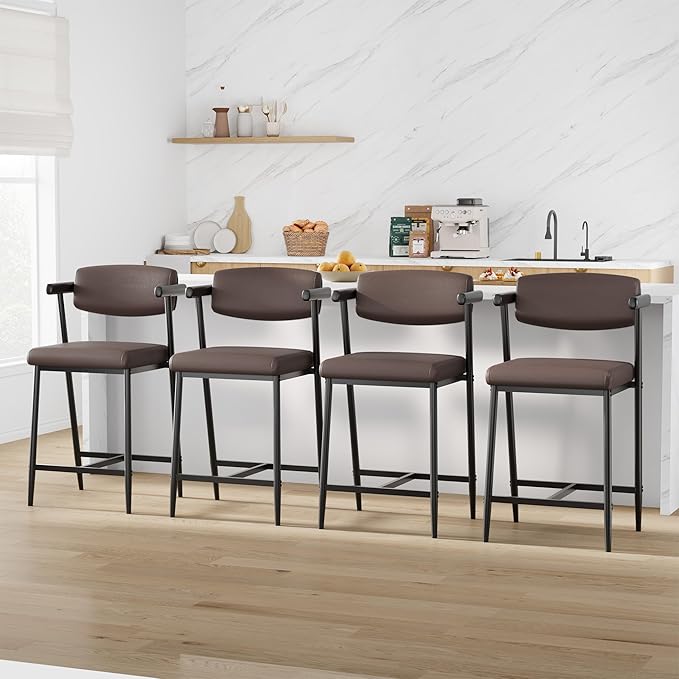 GarveeHome Counter Height Bar Stools of 4 with Armrests, 4 Piece Counter Height Bar Stools Set with Back, Upholstered Seat & Metal Footrest for Kitchen Islands, Counter Bars, Retro Brown
