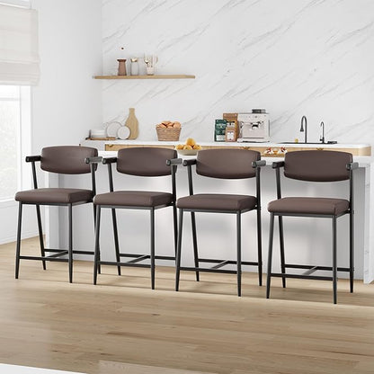 GarveeHome Bar Stools Set of 8 with Arms, 26" Modern 8pcs Counter Height Metal Barstools Set with Back & Footrest, Upholstered Wider Seat, Sturdy Frame, for Counter Bar, Kitchen Island, Retro Brown