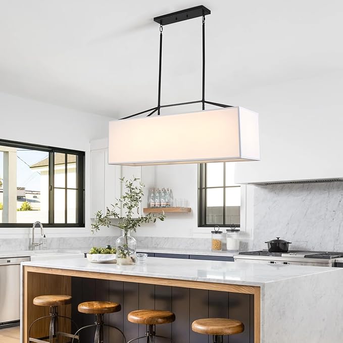 Dining Room Light Fixture Black Chandelier for Entryway 7-Light Large Linear Rectangle Island Lighting White Fabric Kitchen Pendant Light for Kitchen Bedroom Foyer Living Room