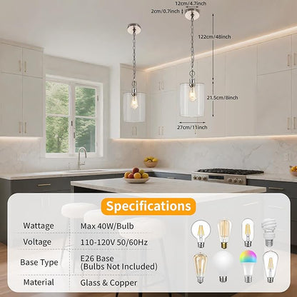Modern Pendant Light, 7.7" Clear Glass Cylinder Hanging Fixture with Brushed Nickel Finish, Adjustable Chain Chandelier for Kitchen Island Dining Room Hallway Entryway, E26 Base