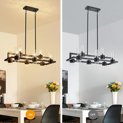 WUZUPS Island Rectangle Chandelier 8-Light with Clear Glass Industrial Modern Farmhouse Linear Light Fixture for Dining Room Kithen Island, Width 33.5" Height 12.6", Black