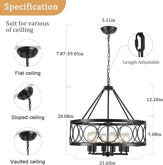 Black Farmhouse Chandelier, 6-Light Rustic Chandeliers for Dining Room Light Fixture, Drum Chandelier Round Pendant Light, Hanging Kitchen Island Lighting for Living Room, Entryway, Foyer