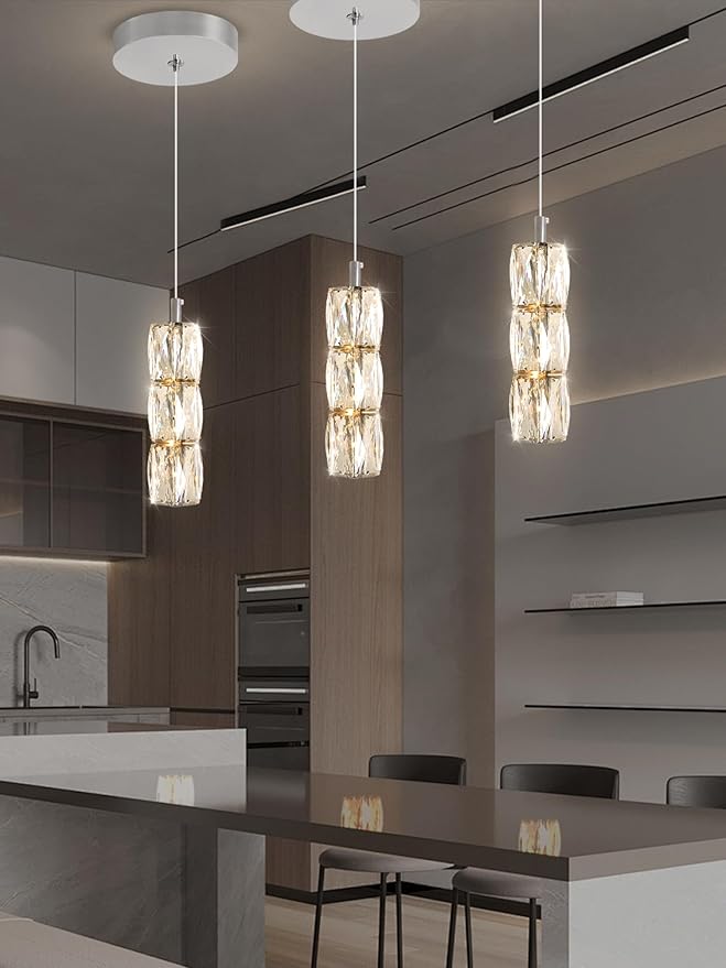 ykolupty Pendant Lights Kitchen Island Single Head Chrome Crystal Island Lights Dining Foyer Entrance Modern Chandeliers LED Dimmable 2700-6000K