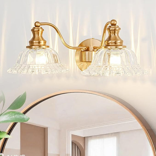 Gold Bathroom Light Fixtures Over Mirror, 2 Light Vintage Bathroom Vanity Light Fixture with Clear Flower Glass Shades, Retro Brass Vanity Lights for Bathroom, Bathroom Vanity Lights Over Mirror