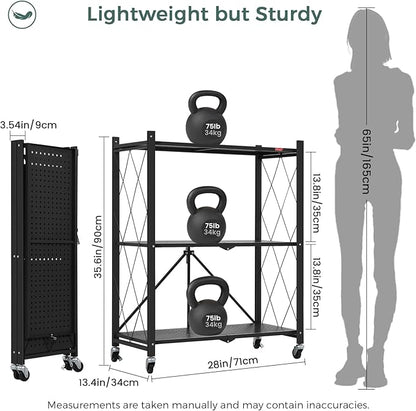 DEANIC 3 Tier Foldable Storage Shelves with Wheels, Kitchen Appliance Stand, Freestanding Metal Wire Shelf Rack, No Assembly Organizer Rolling Cart for Garage, Basement, Pantry(Black Pack of 2)