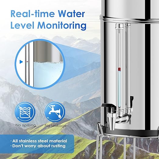 Purewell 8-Stage Gravity Fed Water Filter System, 2.25 Gallon Stainless Steel Countertop System with 4 Filters, Metal Water Level Spigot and Stand, Reduce Fluoride and Chlorine, PW-OBT-CF
