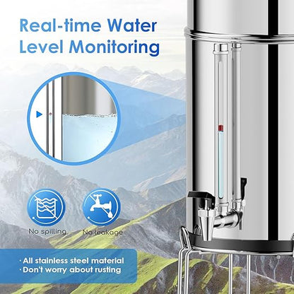 Purewell 8-Stage Gravity Fed Water Filter System, 2.25 Gallon Stainless Steel Countertop System with 4 Filters, Metal Water Level Spigot and Stand, Reduce Fluoride and Chlorine, PW-OBT-CF