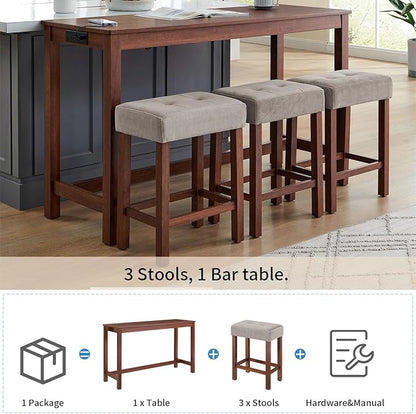 LKTART Bar Table and Chairs Set, 4 Piece Counter Height Bar Table Set with Power Outlet and 3 Upholstered Stools, Industrial Breakfast Table for Living Room, Cherry