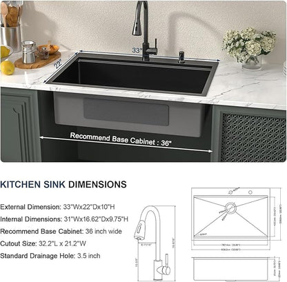 Lordear Black Kitchen Sink with Faucet 33 Inch Drop In Kitchen Sink Workstation Gunmetal Black 16 Gauge Stainless Steel Single Bowl 33x22 Topmount Kitchen Sinks with Pull-out Faucet Combo