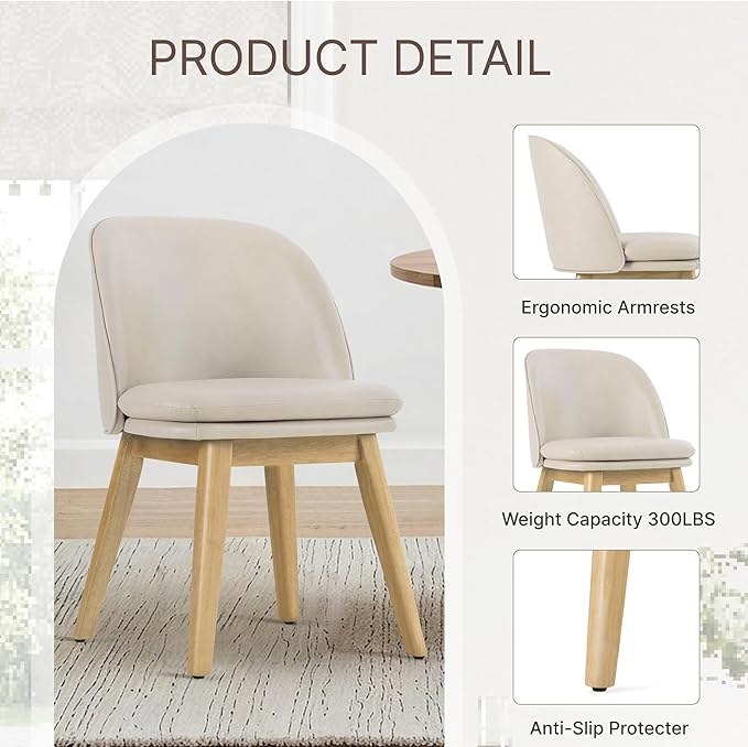 KISLOT Wooden Dining Chairs Set of 2, Faux Leather Upholstered Modern Dining Room Chairs with Double-Layer Thick Seat Cushion & Ergonomic Backrest for Restaurant, Kitchen and Café, Beige