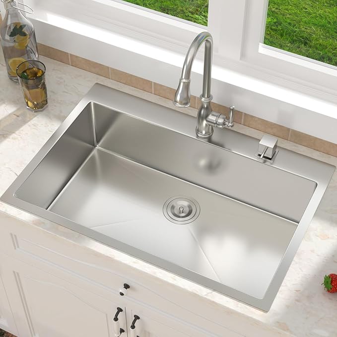 33 Inch Drop in Kitchen Sink-33x22 Drop in Kitchen Sink 18 Gague Topmount Stainless Steel Single Bowl Handmade Sinks Large Deep Basin, 33"x22"x9"