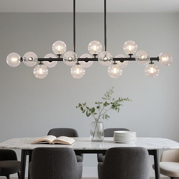 56 Inch Black Linear Chandeliers for Dining Room, Kitchen Island, Living Room, 16-Light Mid Century Modern Light Fixture Over Table, Large Clear Glass Globe Sputnik Bubble Chandelier