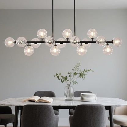 56 Inch Black Linear Chandeliers for Dining Room, Kitchen Island, Living Room, 16-Light Mid Century Modern Light Fixture Over Table, Large Clear Glass Globe Sputnik Bubble Chandelier
