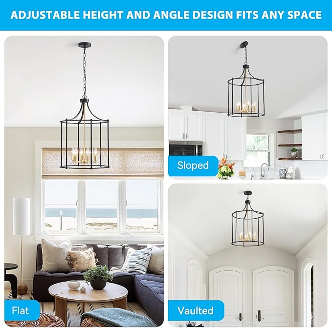 XINGQI 17.7" Lantern Pendant Light Modern Geometric Hanging Chandelier Black and Gold 6 Lights Adjustable Height Cage Pendant Lighting Fixture for Dining Room Living Room Kitchen Entryway Hallway