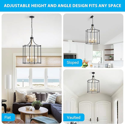 XINGQI 17.7" Lantern Pendant Light Modern Geometric Hanging Chandelier Black and Gold 6 Lights Adjustable Height Cage Pendant Lighting Fixture for Dining Room Living Room Kitchen Entryway Hallway