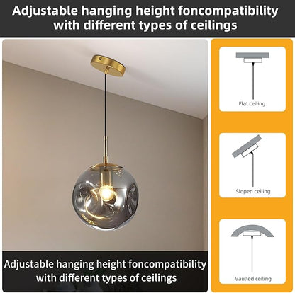 Modern Smoke Gray Concave Glass Pendant Light, 2-Pack Kitchen Island Lighting Single Globe Pendant Light Fixtures Century Kitchen Island Pendant Light for Bedroom Dining Room Light (Without Bulbs)