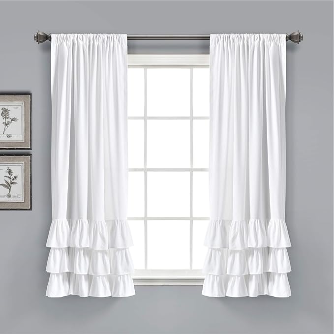 Lush Decor Allison Ruffle Light Filtering Window Curtain Panels Pair 40" W x 63" L White - Coquette Curtains for Bedroom - Drapes - Ruffle Curtains Kids