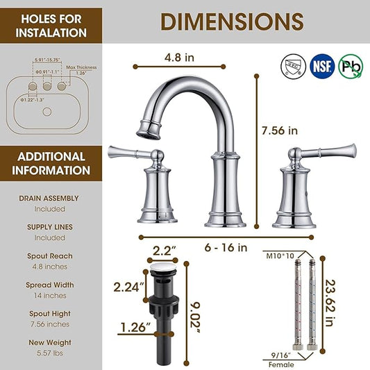 Chrome Bathroom Faucet, 8 Inch Bathroom Sink Faucet with Pop-up Drain Assembly, Widespread Bathroom Faucet with cUPC Supply Lines for Vanity, Lavatory RV Farmhouse Sink(L2304-CP)