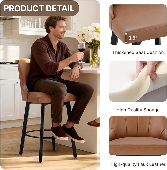 24" Counter Height Bar Stools Set of 2, Swivel Bar Stools with Backs, Faux Leather Upholstered Counter Barstools with Solid Wood Legs for Kitchen Island,Brown