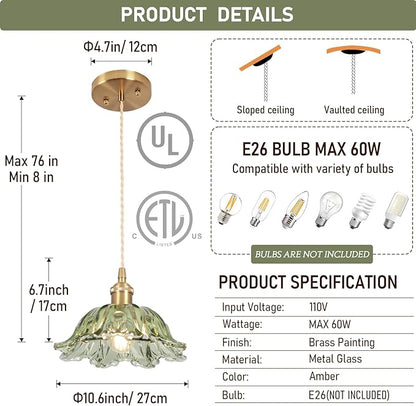 Glass Pendant Light Vintage Light Fixtures,Green Modern Chandelier Pendant,E26 Pendant Lights Kitchen Island,10.6 inch Hanging Lamp for Bedroom Hotel Dining Room 1 Light